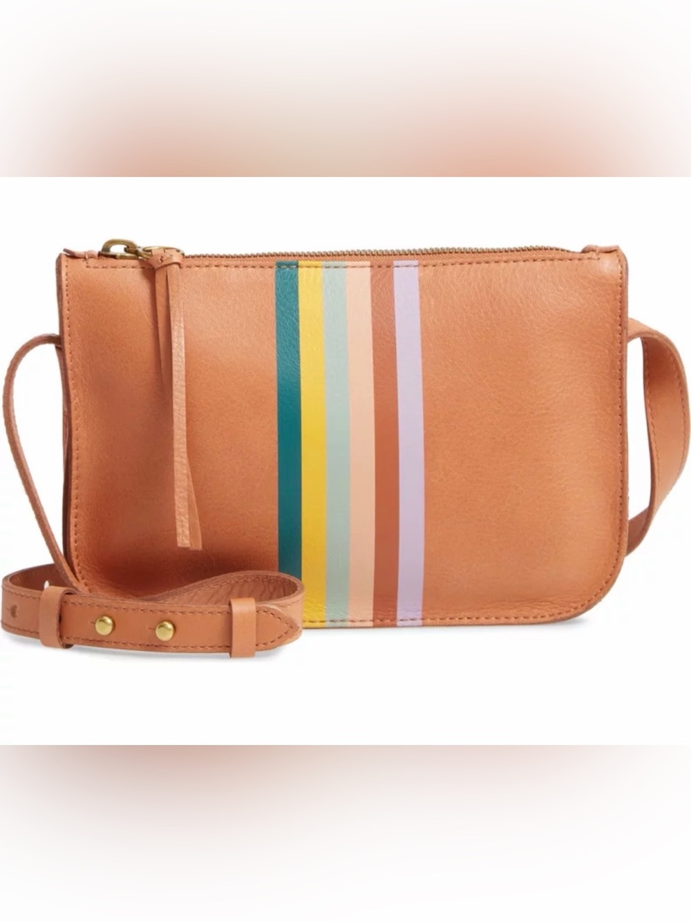 Madewell Tan Leather Wristlet with Multicolor Vertical Stripes